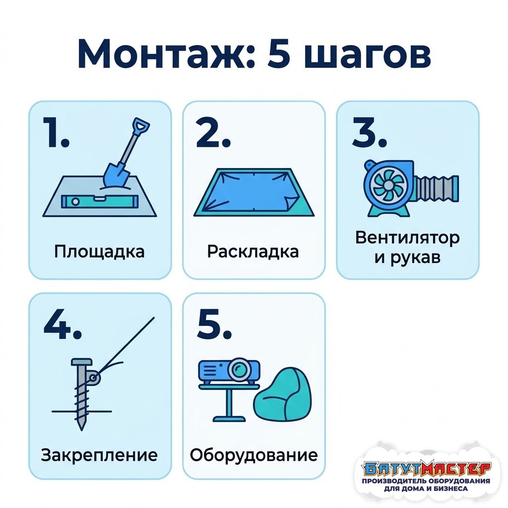 Монтаж надувного кинотеатра по пяти шагам: площадка, раскладка, вентилятор и рукав, закрепление, оборудование