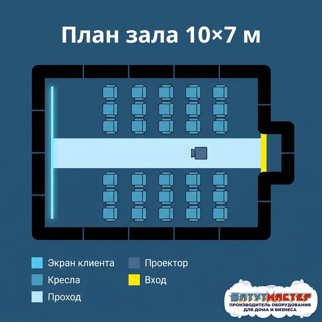 План зала сверху для кинотеатра 10 на 7 метров: экран, ряды кресел, проход, проектор по центру сзади, вход