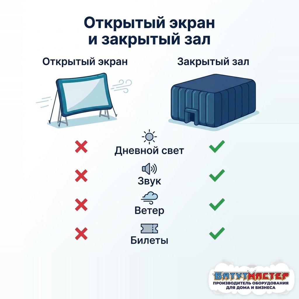 Сравнение открытого надувного экрана и закрытого надувного кинозала по свету, звуку, ветру и билетам