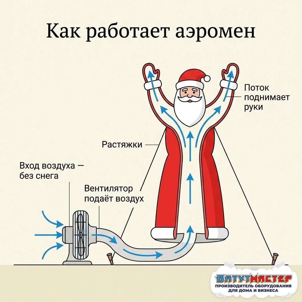 Схема аэромена в разрезе: вентилятор подаёт воздух в фигуру, вход воздуха свободен от снега, поток поднимает руки, растяжки