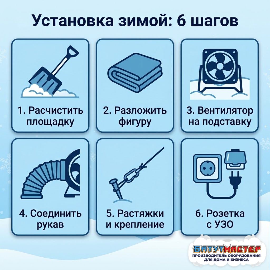 Установка надувного Деда Мороза зимой в 6 шагов: расчистить площадку, разложить фигуру, вентилятор на подставку, соединить рукав, растяжки, розетка с УЗО