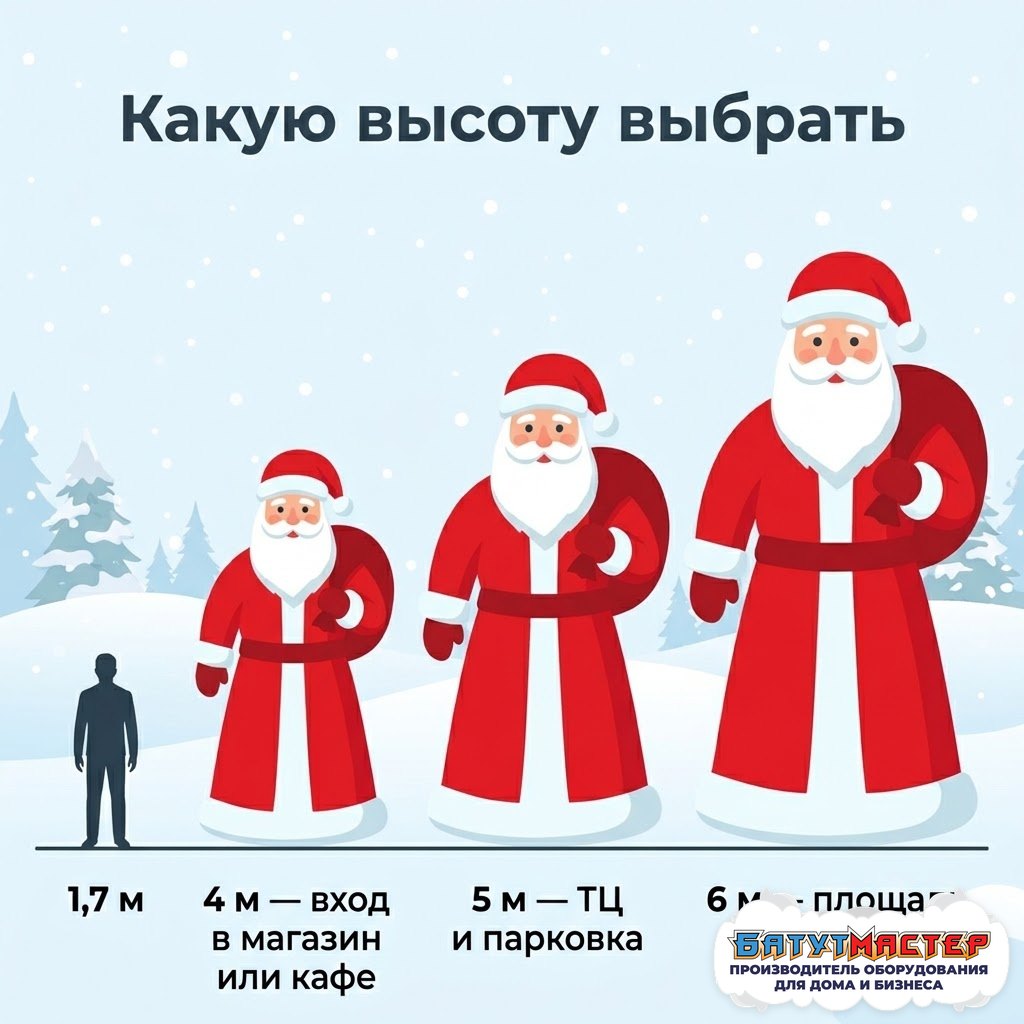Сравнение высоты надувного Деда Мороза 4, 5 и 6 метров рядом с человеком ростом 1,7 метра