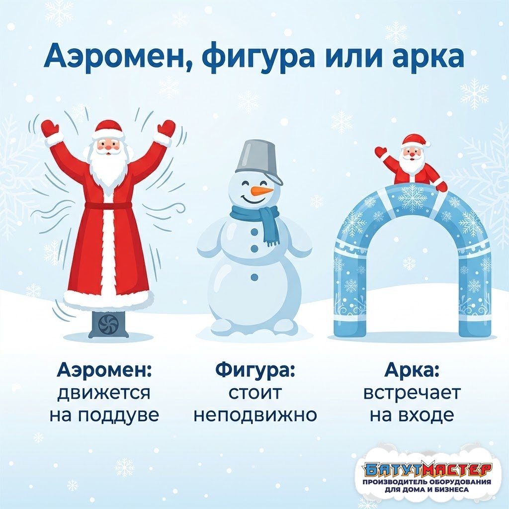 Сравнение: аэромен Дед Мороз движется на поддуве, статичная фигура снеговика стоит неподвижно, арка встречает на входе