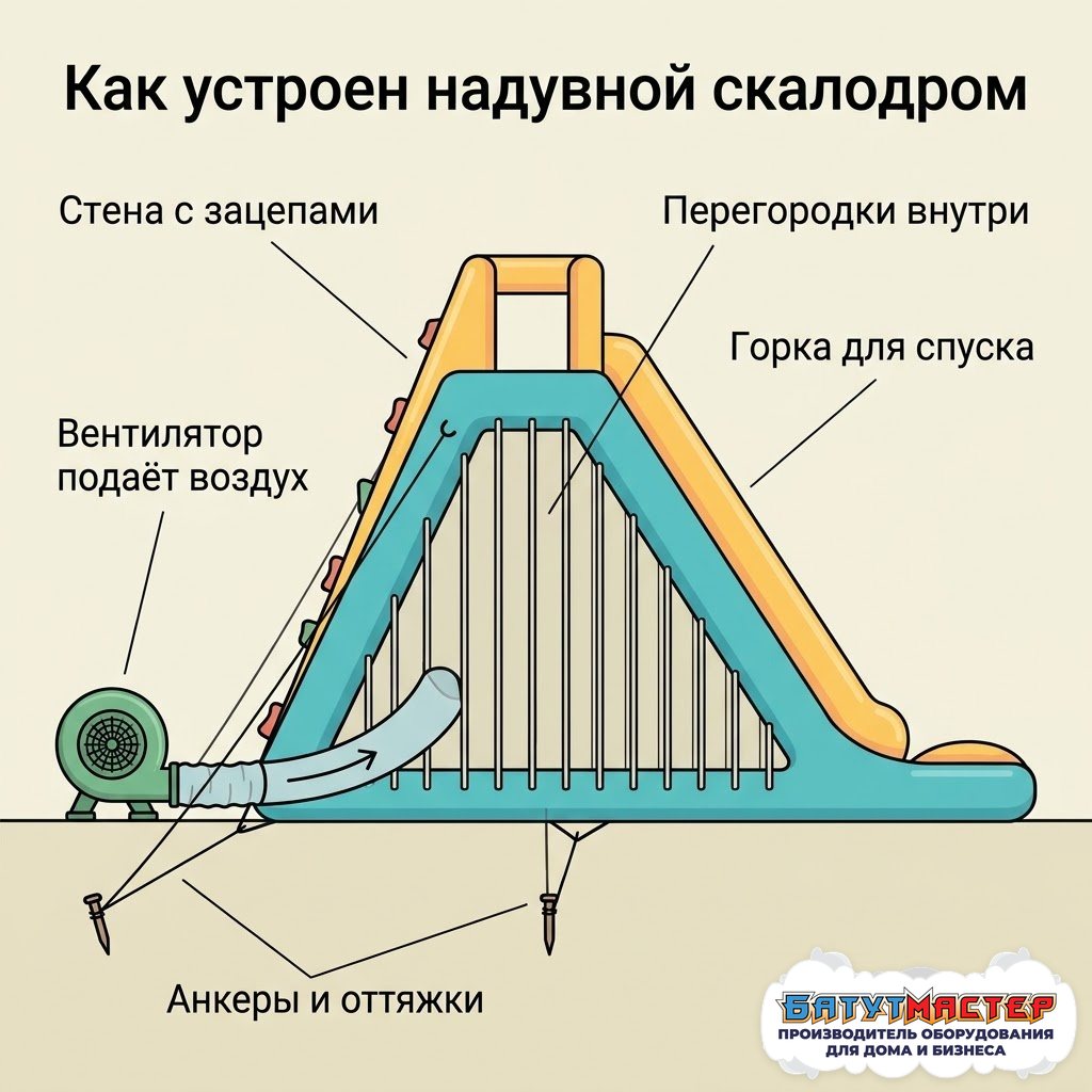 Устройство надувного скалодрома в разрезе: стена с зацепами, горка для спуска, перегородки внутри, вентилятор подаёт воздух, анкеры и оттяжки
