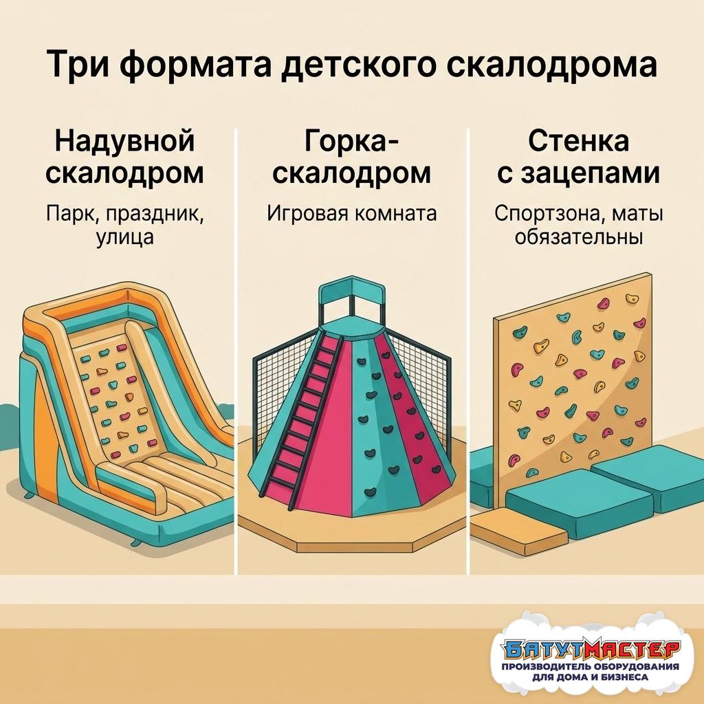 Сравнение трёх форматов детского скалодрома: надувной для парка и праздника, горка-скалодром для игровой комнаты, стенка с зацепами для спортзоны