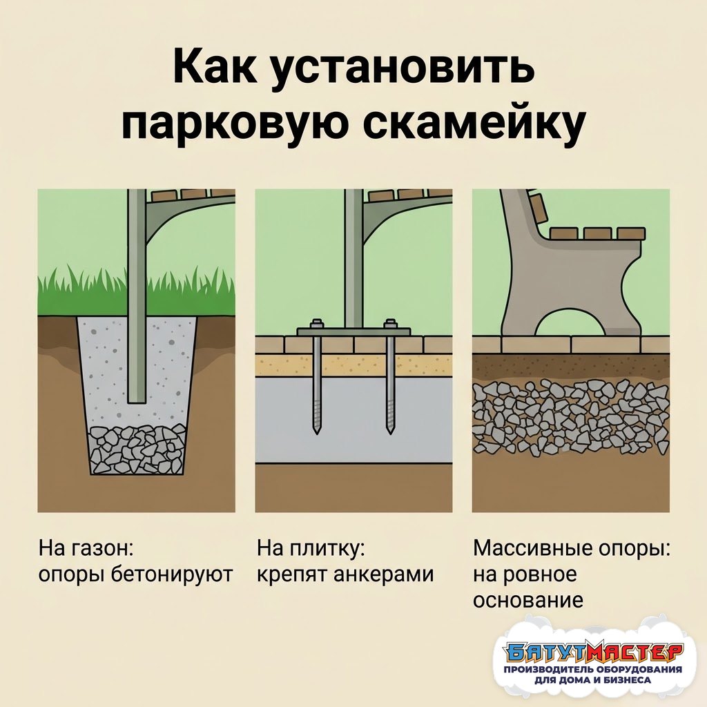 Три способа установки парковой скамейки: бетонирование опор в газоне, анкеры на плитку, массивные опоры на ровное основание
