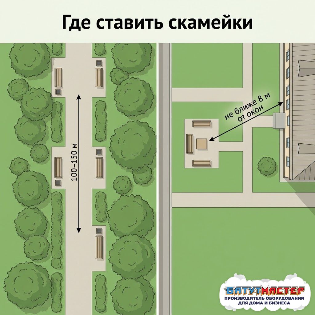 План расстановки скамеек: на аллее места отдыха через 100–150 м, во дворе площадка отдыха не ближе 8 м от окон