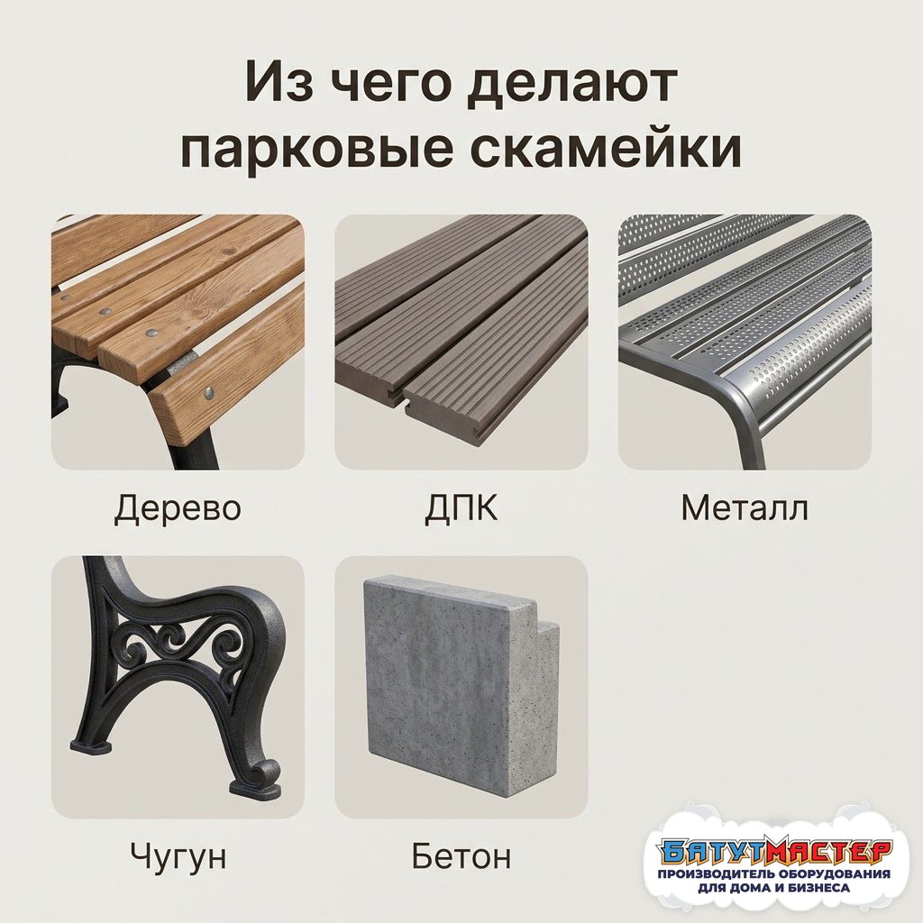 Материалы парковых скамеек: дерево, ДПК, металл, чугун, бетон