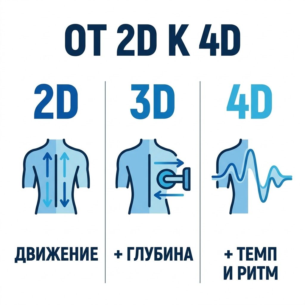 Схема: 2D — движение по спине, 3D — добавляется глубина нажатия, 4D — добавляется изменение темпа и ритма