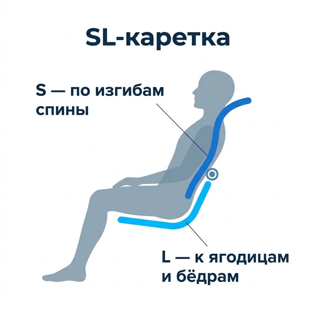 Схема SL-каретки массажного кресла: S-образная часть вдоль позвоночника и L-образное продолжение к бёдрам