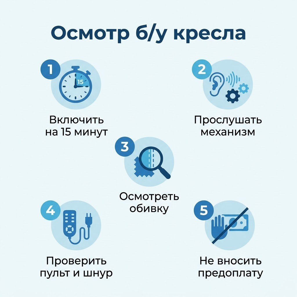 Инфографика «Осмотр б/у кресла»: включить на 15 минут, прослушать механизм, осмотреть обивку, проверить пульт и шнур, не вносить предоплату