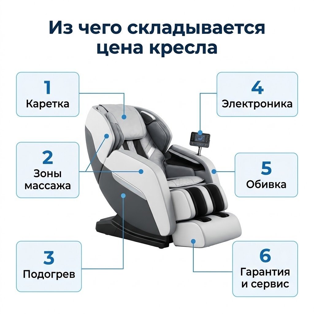 Из чего складывается цена массажного кресла: каретка, зоны массажа, подогрев, электроника, обивка, гарантия и сервис