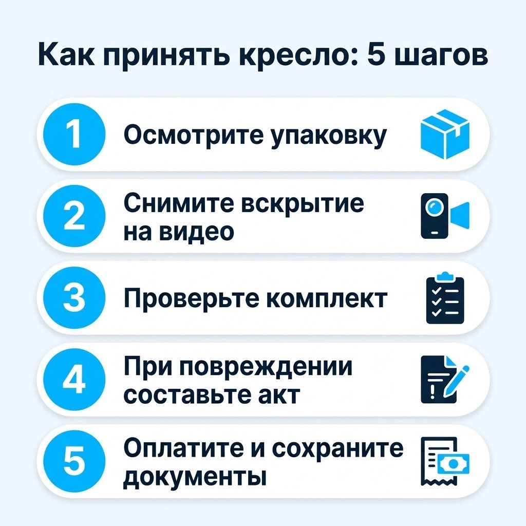 Инфографика «Как принять кресло: 5 шагов»: осмотр упаковки, видео вскрытия, проверка комплекта, акт при повреждении, оплата и документы