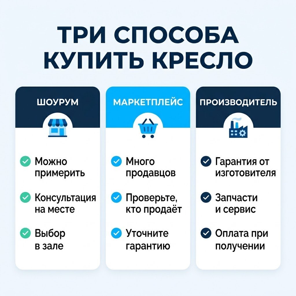 Инфографика «Три способа купить кресло»: шоурум, маркетплейс, производитель — по три пункта