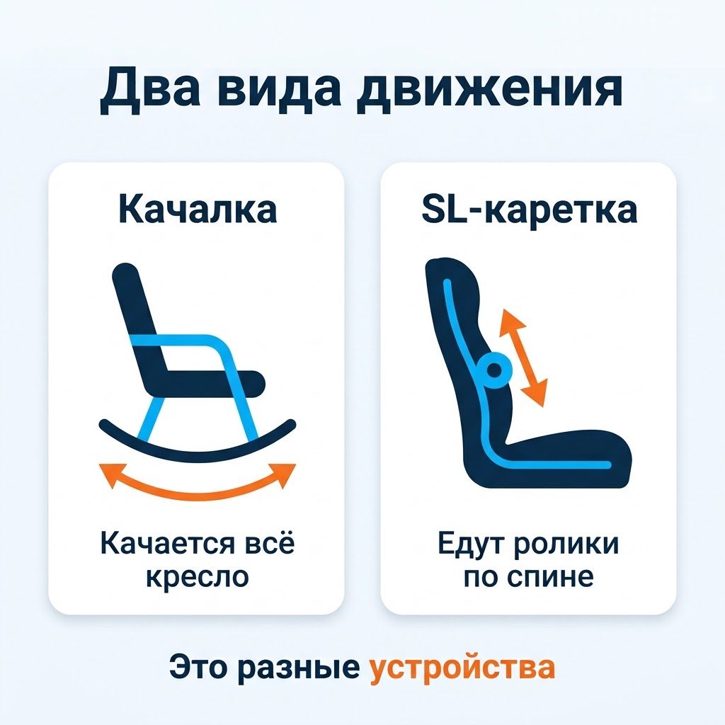 Схема «Два вида движения»: у качалки раскачивается всё кресло, у кресла с SL-кареткой по спине едут ролики