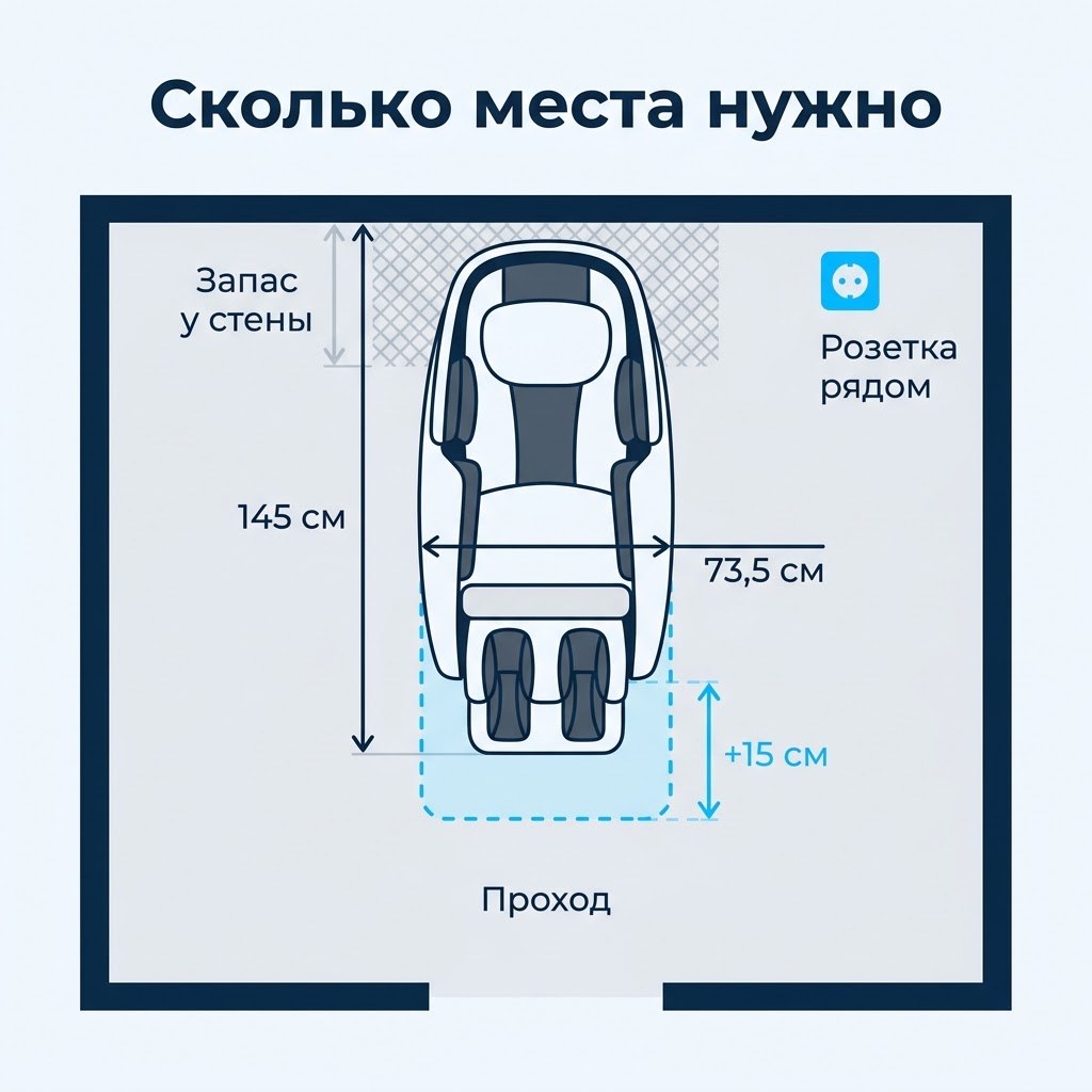 Схема размещения массажного кресла в комнате: размеры 145 на 73,5 см, запас у стены, подставка для ног +15 см, розетка
