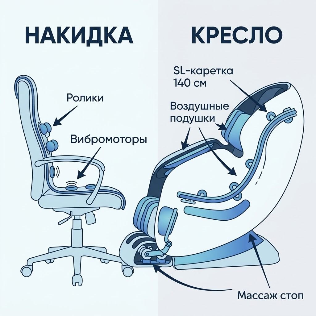 Схема устройства: накидка с роликами и вибромоторами и массажное кресло с SL-кареткой 140 см, воздушными подушками и массажем стоп