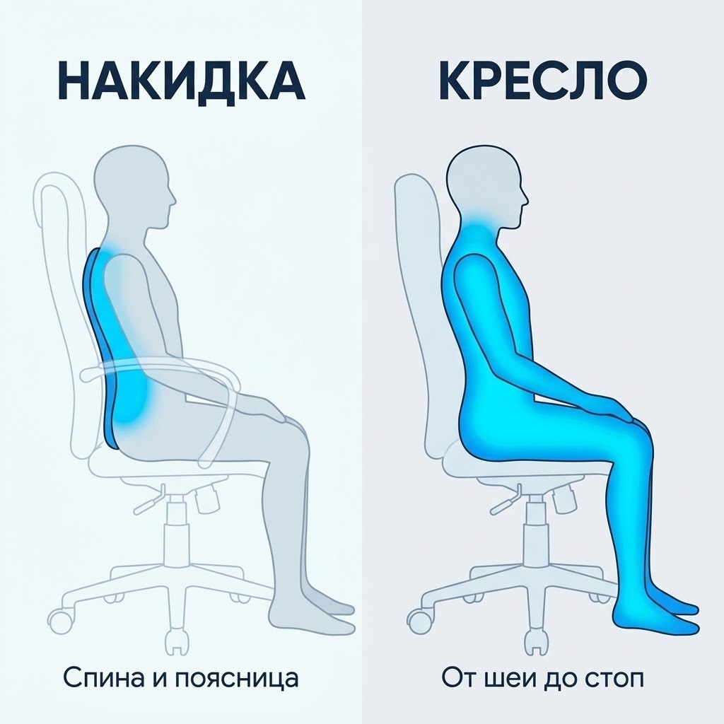 Зоны массажа: накидка — спина и поясница, кресло — от шеи до стоп