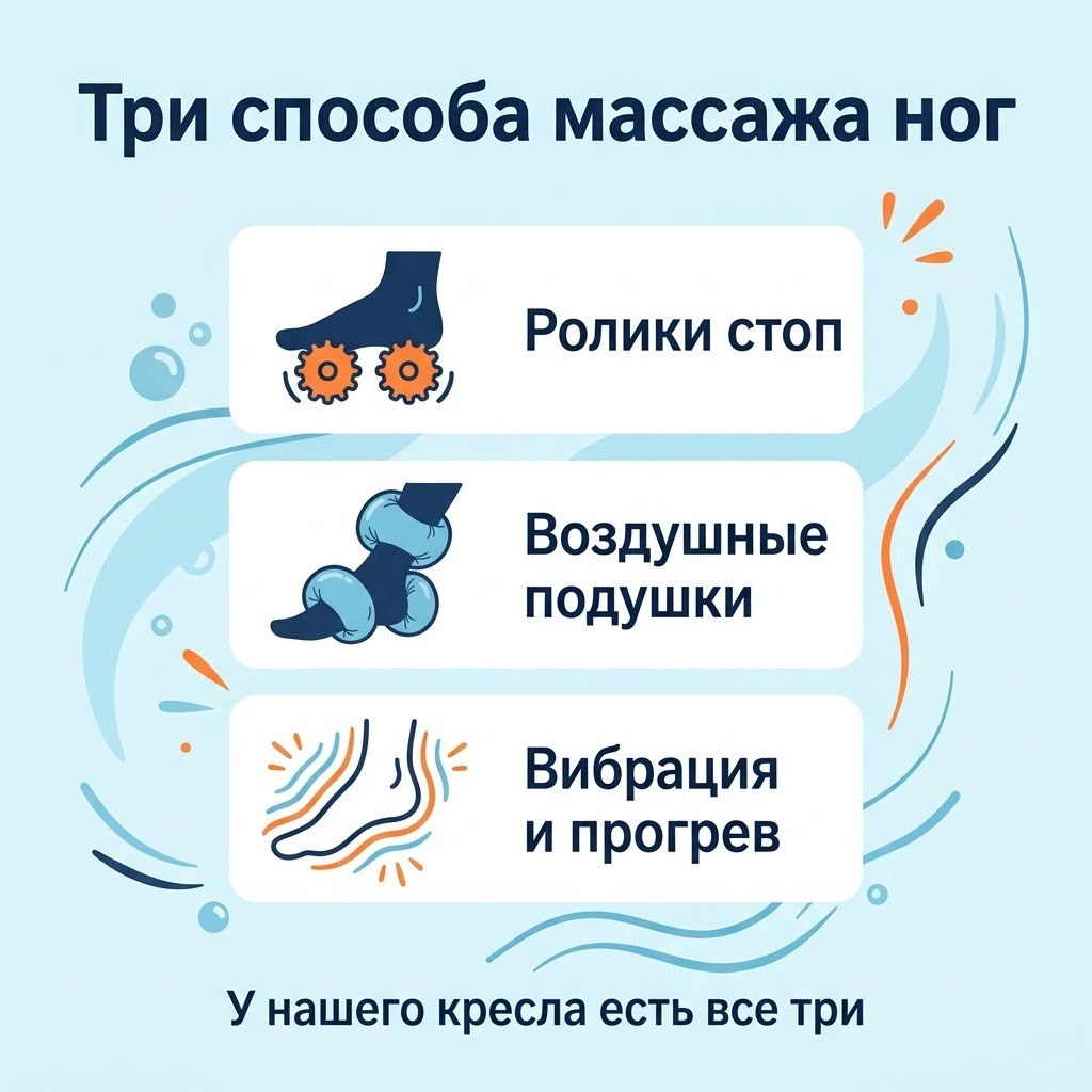 Инфографика «Три способа массажа ног»: ролики стоп, воздушные подушки, вибрация и прогрев