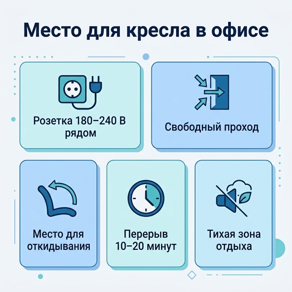 Инфографика «Место для кресла в офисе»: розетка 180–240 В рядом, свободный проход, место для откидывания, перерыв 10–20 минут, тихая зона отдыха