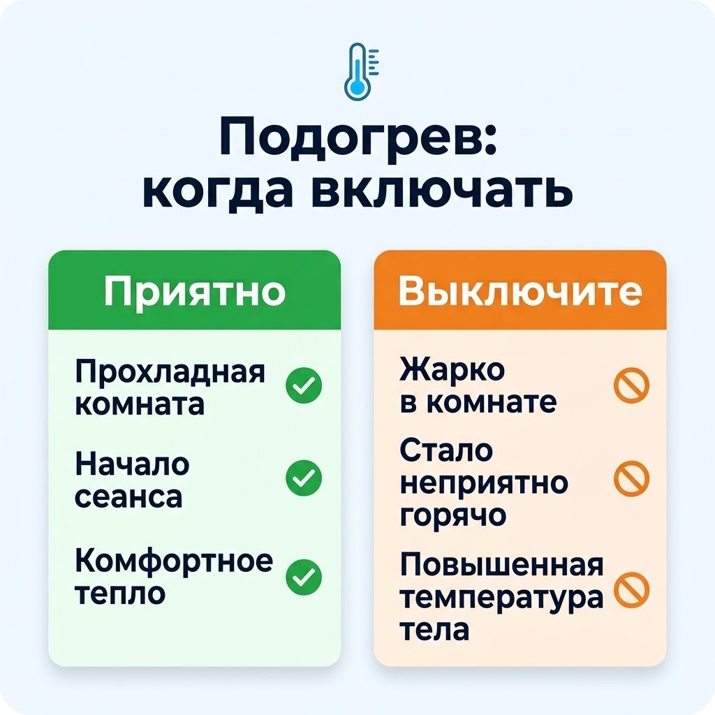 Инфографика «Подогрев: когда включать»: приятно — прохладная комната, начало сеанса, комфортное тепло; выключите — жарко в комнате, неприятно горячо, повышенная температура тела