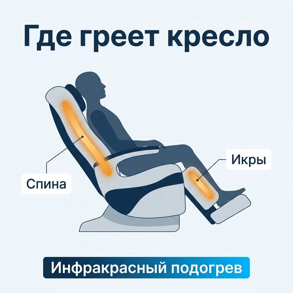 Схема «Где греет кресло»: подогрев вдоль спинки и на подушках для икр, инфракрасный подогрев