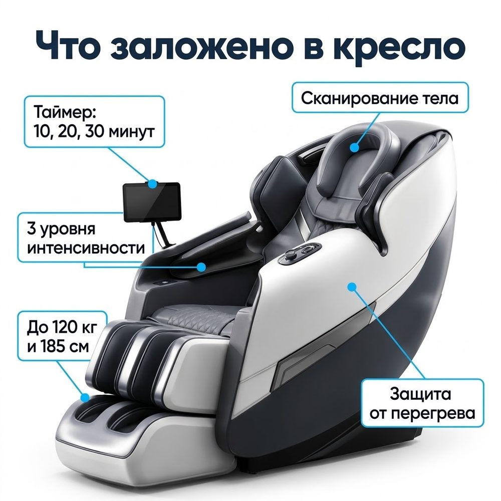 Схема безопасного сеанса в массажном кресле RelaxMaster: таймер, интенсивность, защита от перегрева, ограничения по весу и росту
