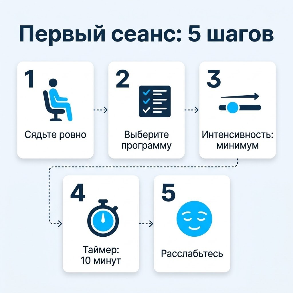 Первый сеанс в массажном кресле: пять шагов — сесть ровно, выбрать программу, минимальная интенсивность, таймер 10 минут, расслабиться