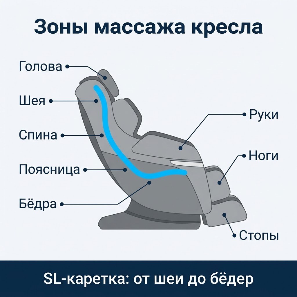 Зоны массажа массажного кресла: голова, шея, спина, поясница, бёдра, ноги, стопы, руки