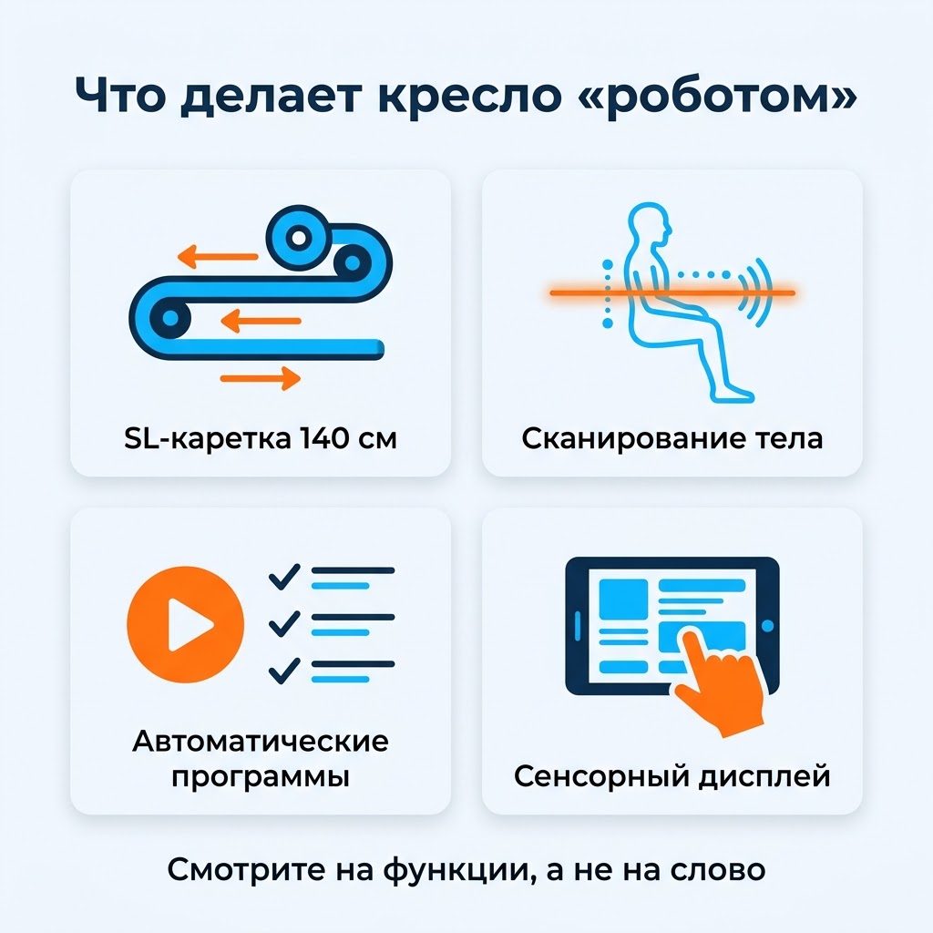 Инфографика «Что делает кресло роботом»: SL-каретка 140 см, сканирование тела, автоматические программы, сенсорный дисплей