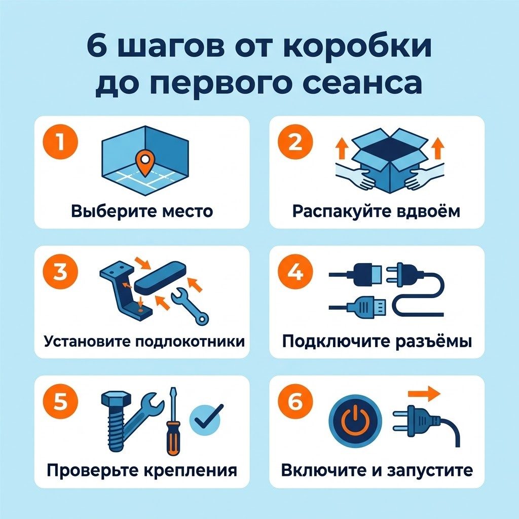 Инфографика «6 шагов от коробки до первого сеанса»: место, распаковка, подлокотники, разъёмы, крепления, запуск