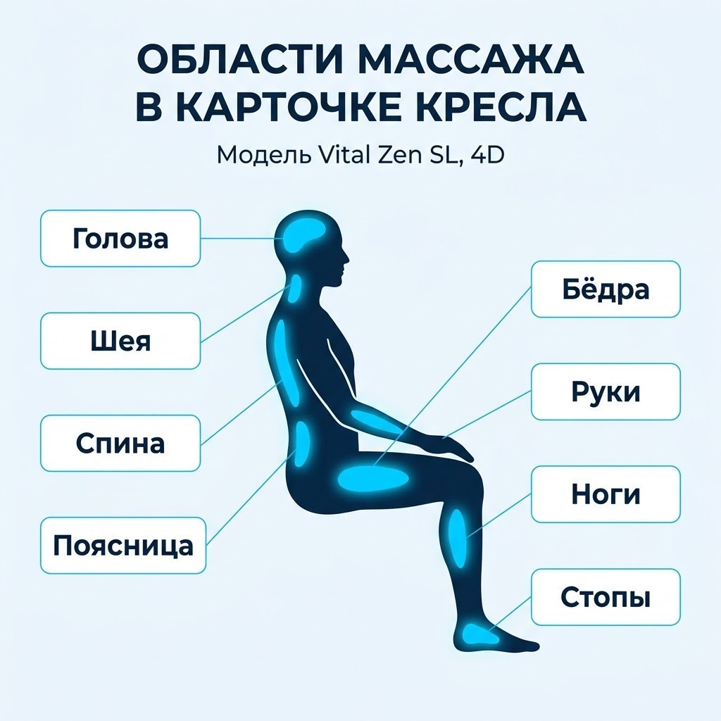Инфографика «Области массажа в карточке кресла»: голова, шея, спина, поясница, бёдра, руки, ноги, стопы
