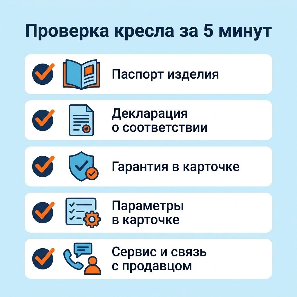 Инфографика «Проверка кресла за 5 минут»: паспорт, декларация, гарантия, параметры, сервис