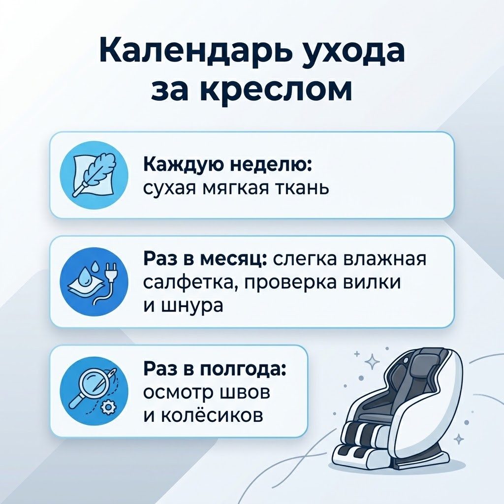 Календарь ухода за массажным креслом: каждую неделю, раз в месяц, раз в полгода