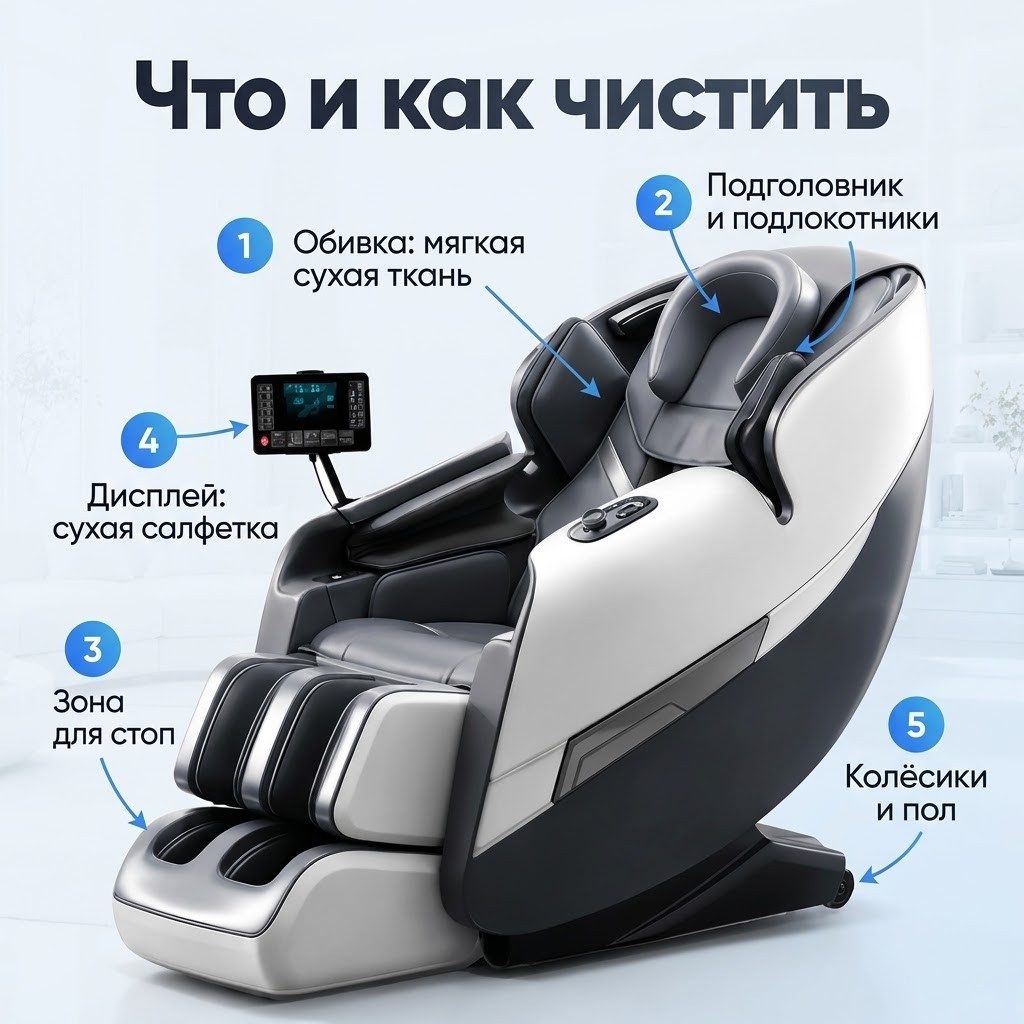 Схема зон ухода за массажным креслом: обивка, подголовник и подлокотники, зона для стоп, дисплей, колёсики и пол