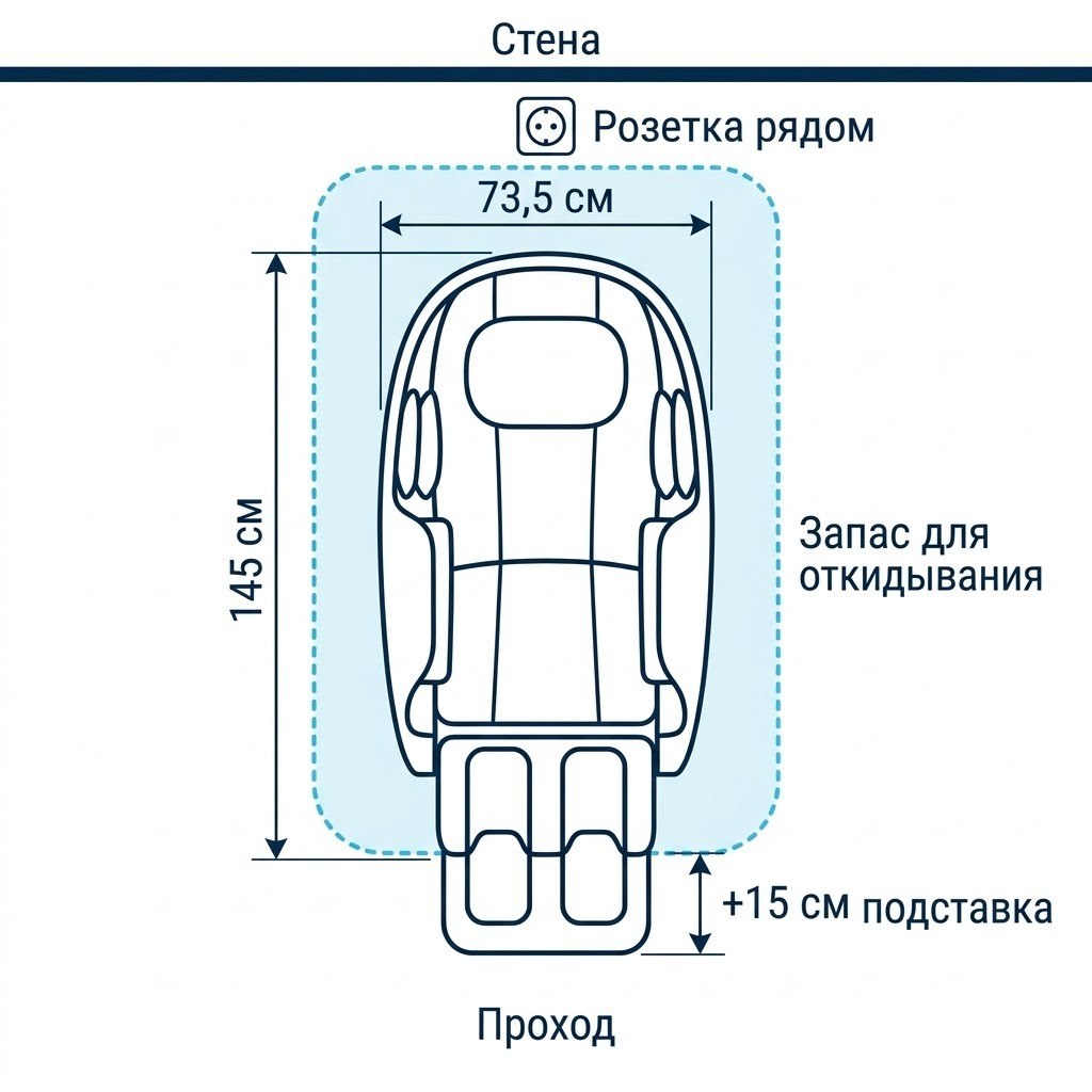 Схема замера места под массажное кресло: вид сверху, размеры кресла, запас для откидывания и подставки, проход и розетка