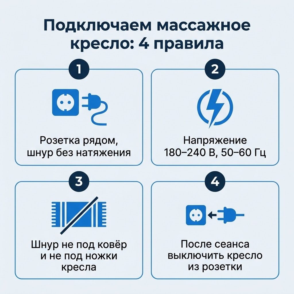 Четыре правила подключения массажного кресла: розетка рядом, напряжение 180–240 В, шнур не под ковёр, выключать из розетки после сеанса
