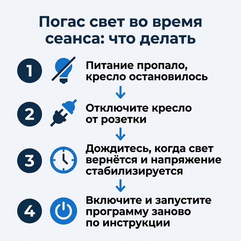 Что делать, если погас свет во время сеанса: отключить кресло от розетки, дождаться стабильного напряжения, запустить программу заново