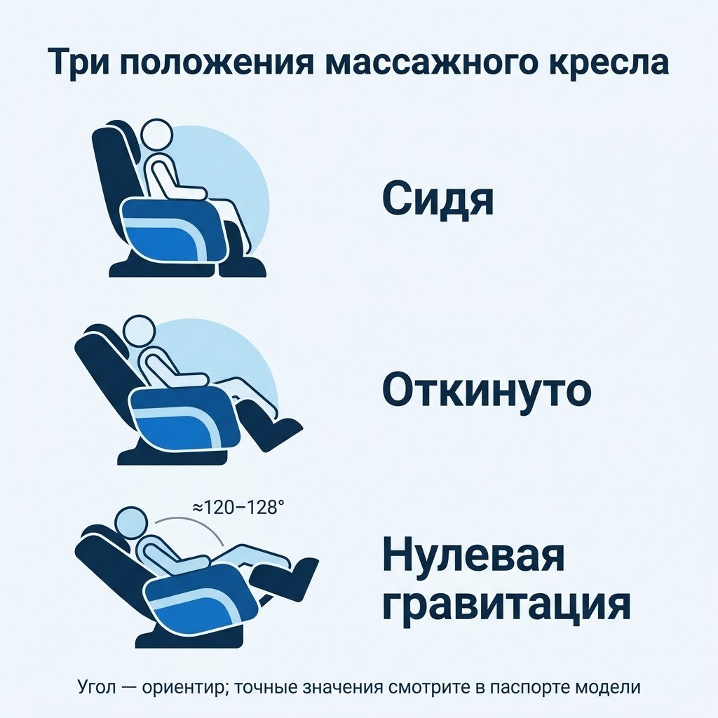Три положения массажного кресла: сидя, откинуто и нулевая гравитация с углом около 120–128 градусов между корпусом и бёдрами