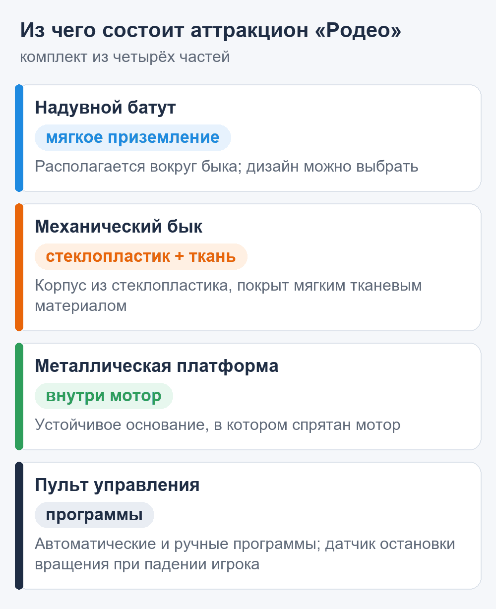 Схема: состав аттракциона Родео — надувной батут, механический бык, металлическая платформа с мотором, пульт управления