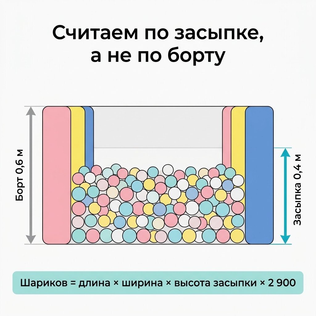 Схема сухого бассейна в разрезе: борт 0,6 м, засыпка шариками 0,4 м и формула расчёта количества шариков