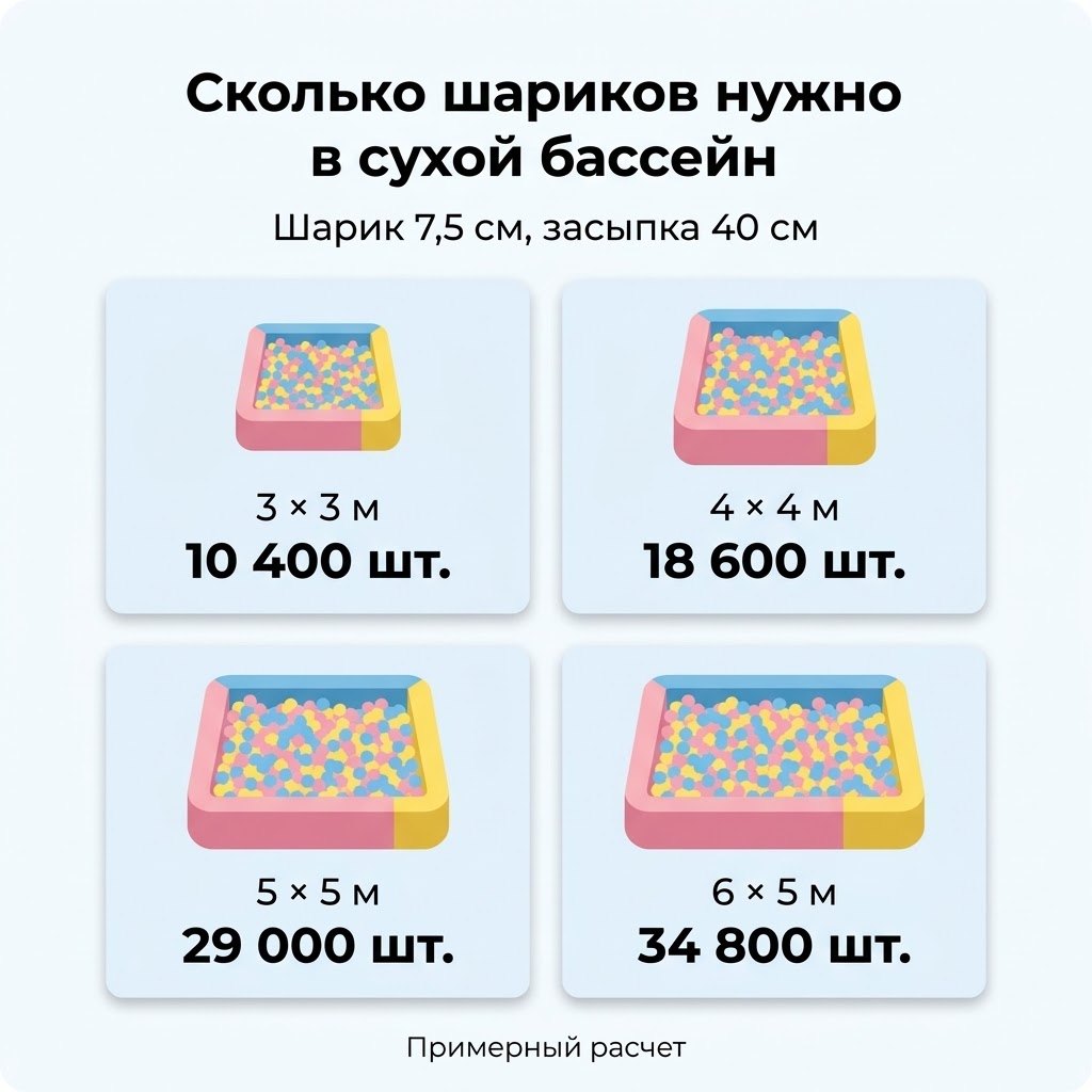 Инфографика: сколько шариков нужно в сухой бассейн 3×3, 4×4, 5×5 и 6×5 метров при засыпке 40 см